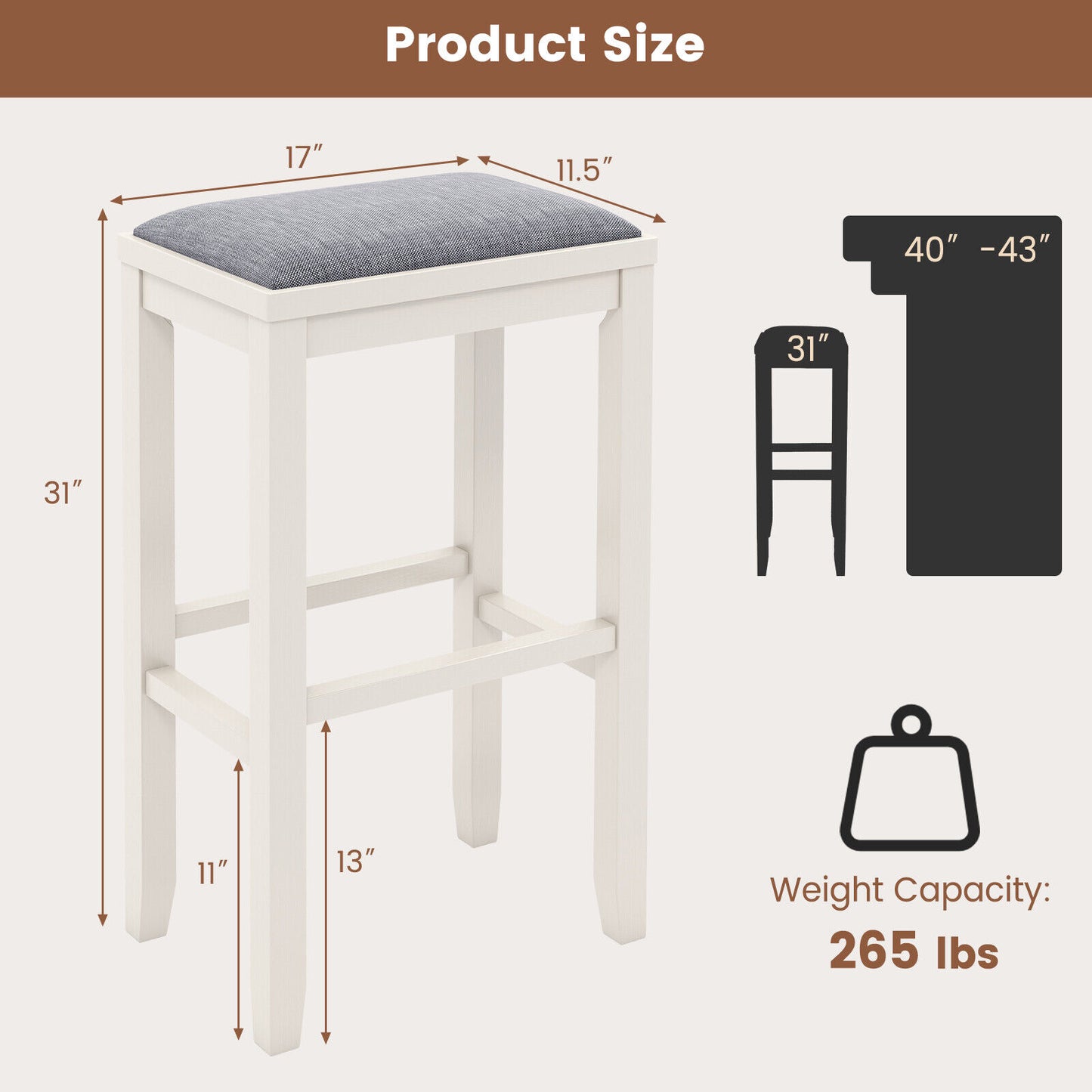 2 Pieces 31 Inch Upholstered Bar Stool Set with Solid Rubber Wood Frame and Footres-Griege