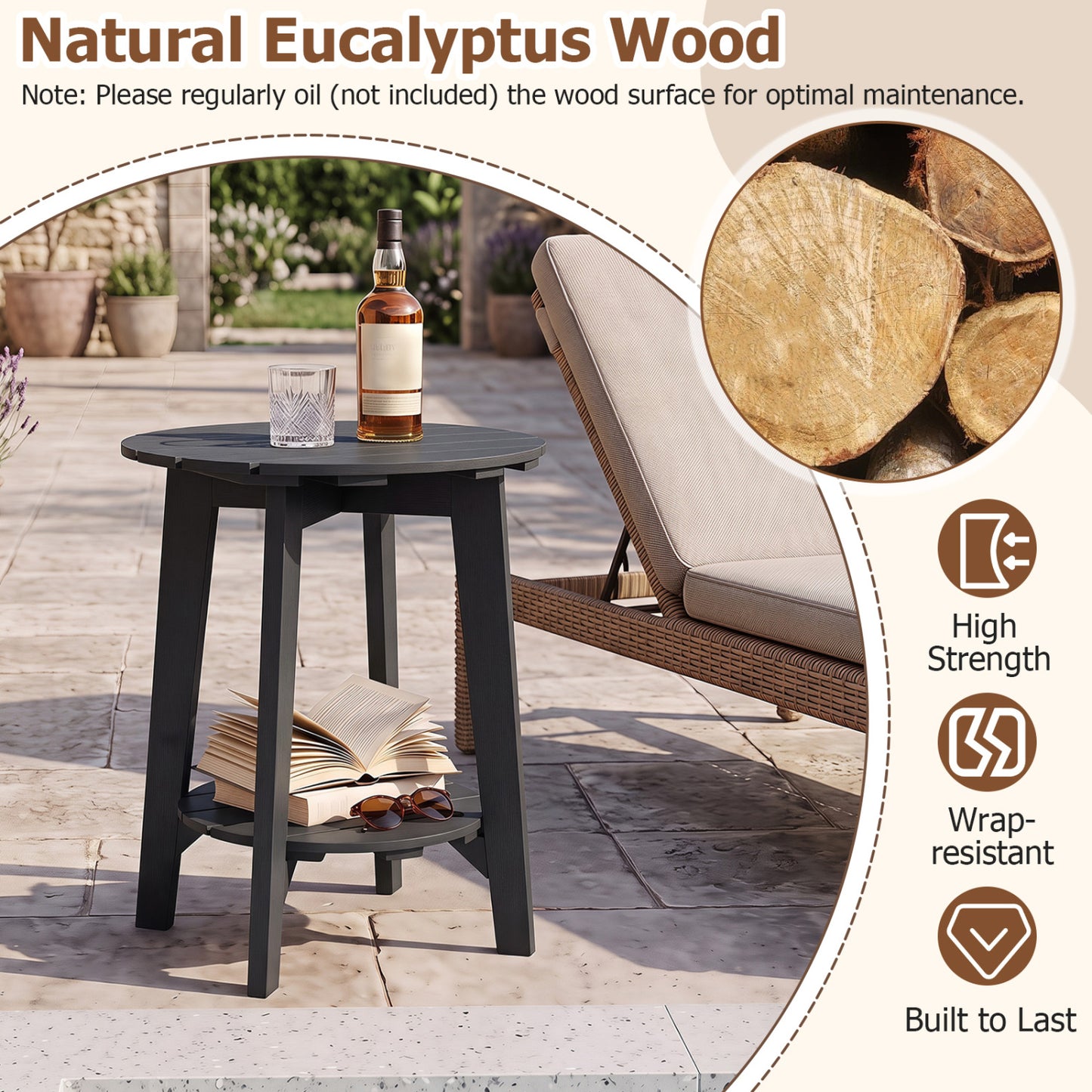 2-Tier Eucalyptus Wood Outdoor Side Table Set of 2