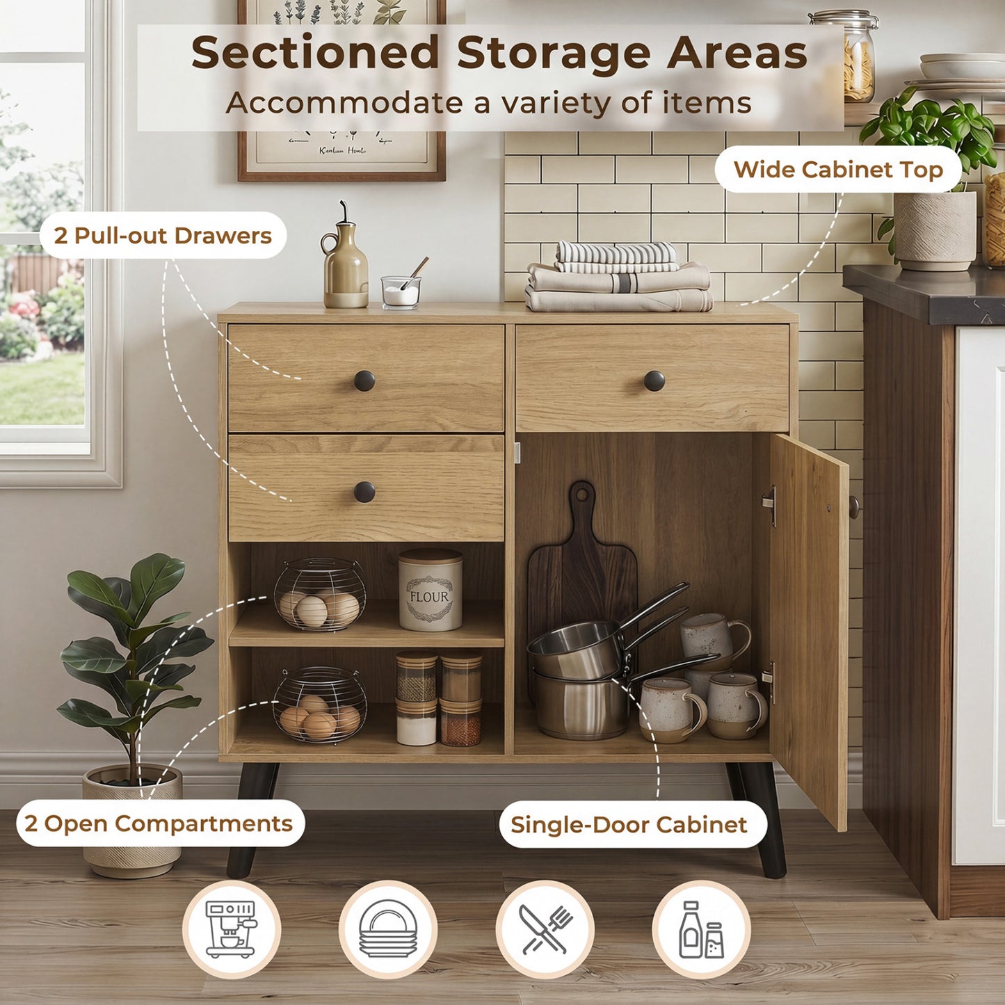 31" Buffet Cabinet Set of 2 with Drawers and Shelves