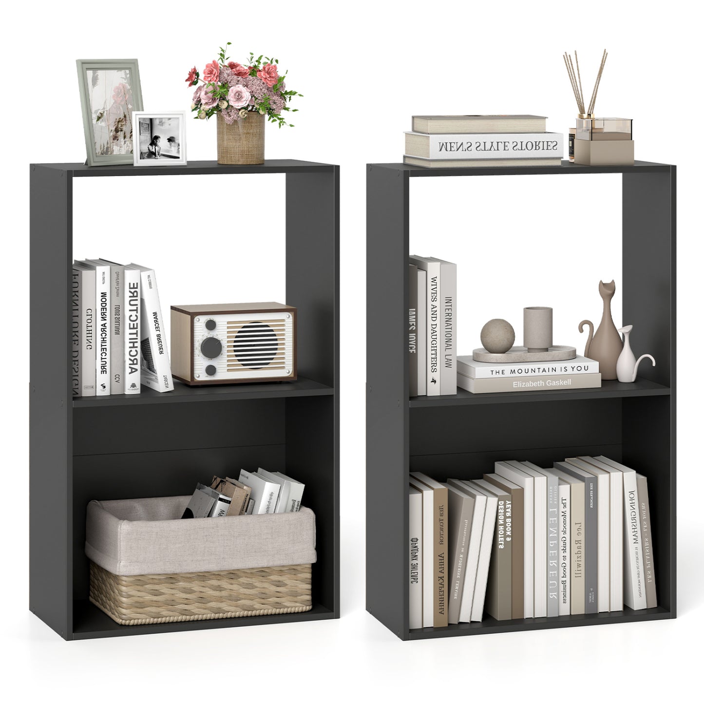 3-Tier Bookshelf with Open Storage - Set of 2