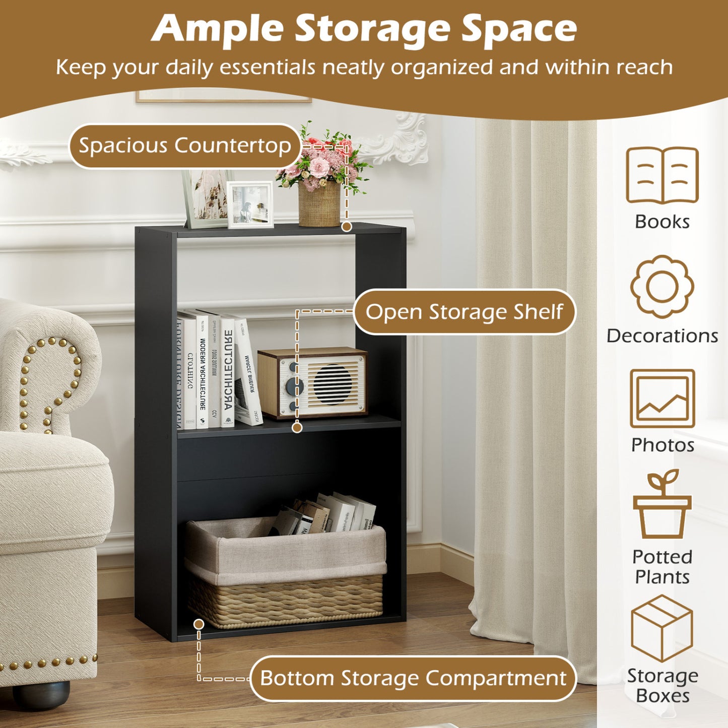 3-Tier Bookshelf with Open Storage - Set of 2