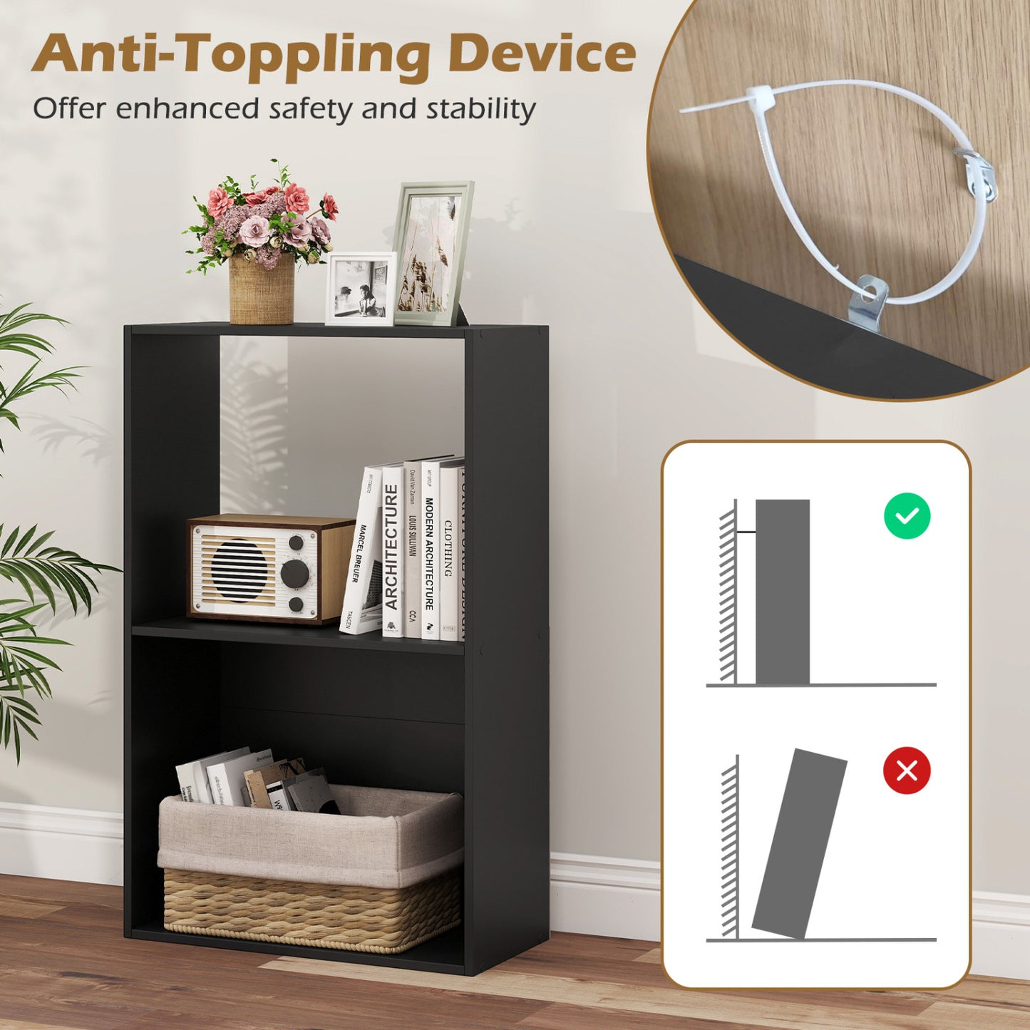 3-Tier Bookshelf with Open Storage - Set of 2