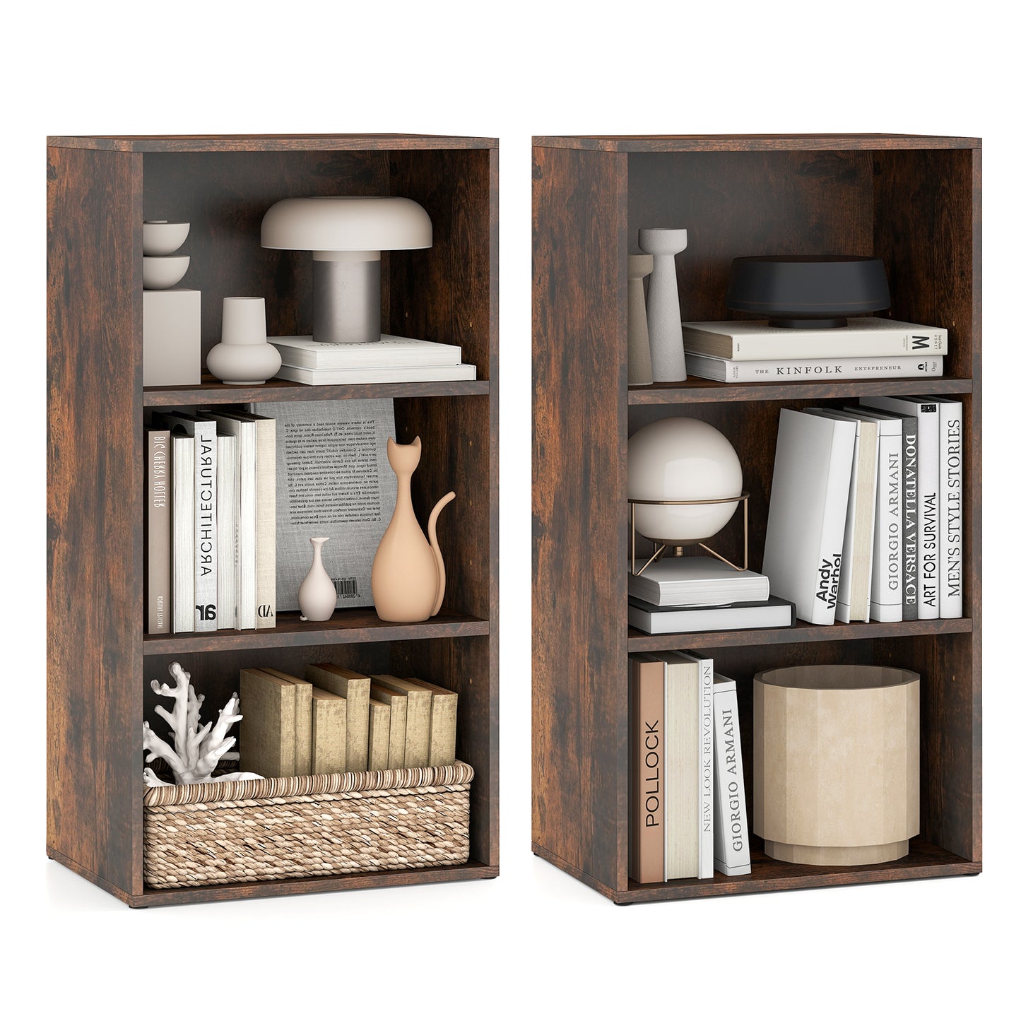 Set of 2 3-Tier Cube Bookcase with Adjustable Shelves for Home Office-Rustic Brown