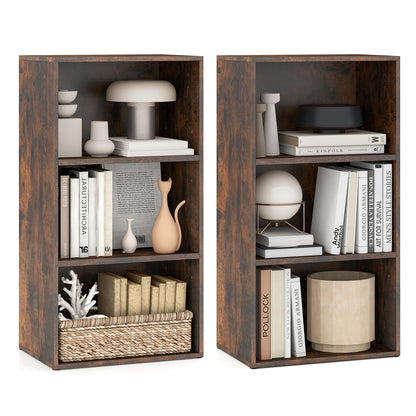 Set of 2 3-Tier Cube Bookcase with Adjustable Shelves for Home Office-Rustic Brown
