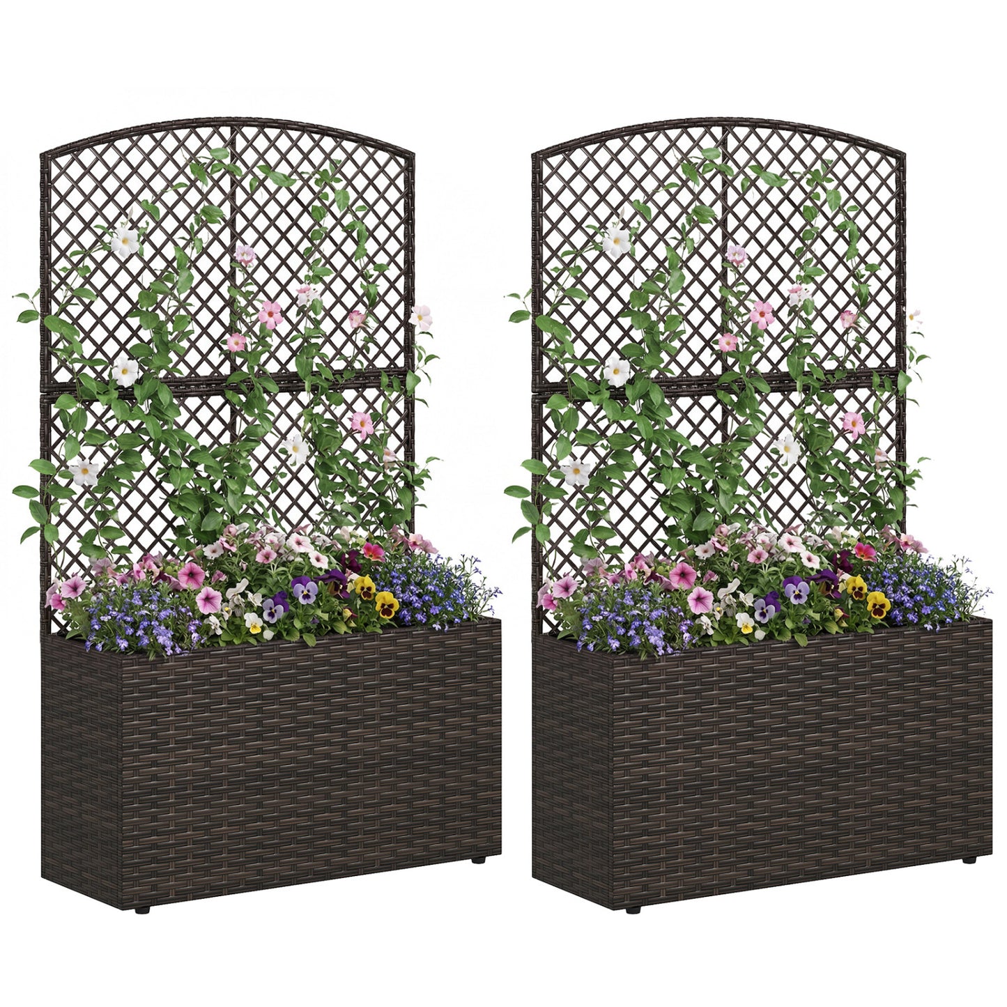 Set of 2 49 Inch Raised Garden Bed with Trellis and Wicker Planter Box-Brown