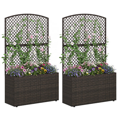 Set of 2 49 Inch Raised Garden Bed with Trellis and Wicker Planter Box-Brown