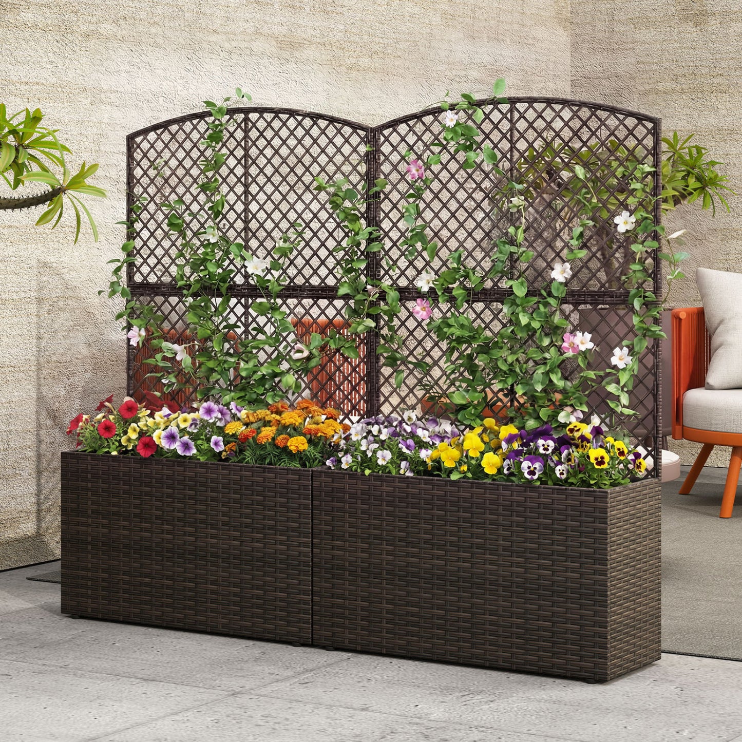 Set of 2 49 Inch Raised Garden Bed with Trellis and Wicker Planter Box-Brown