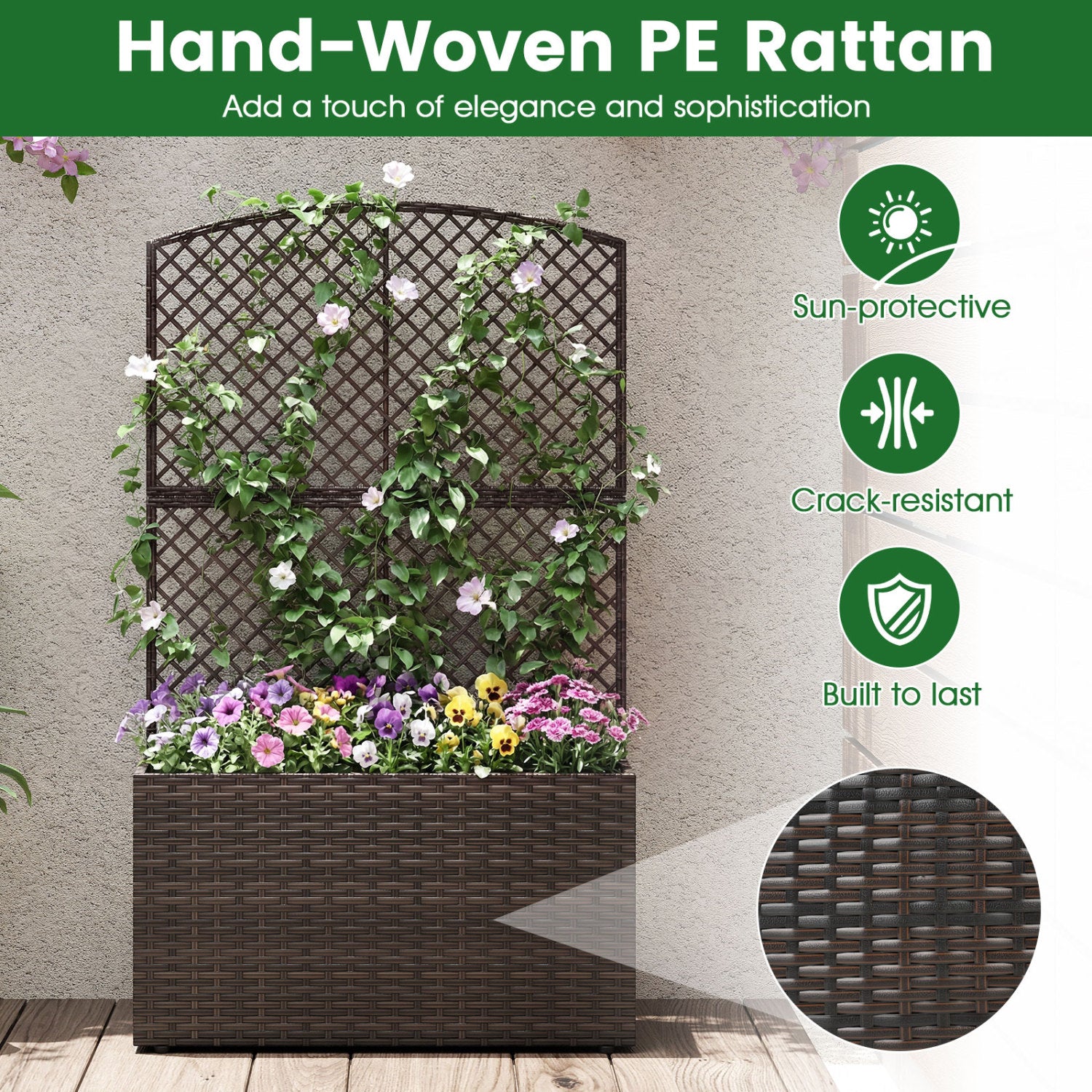Set of 2 49 Inch Raised Garden Bed with Trellis and Wicker Planter Box-Brown