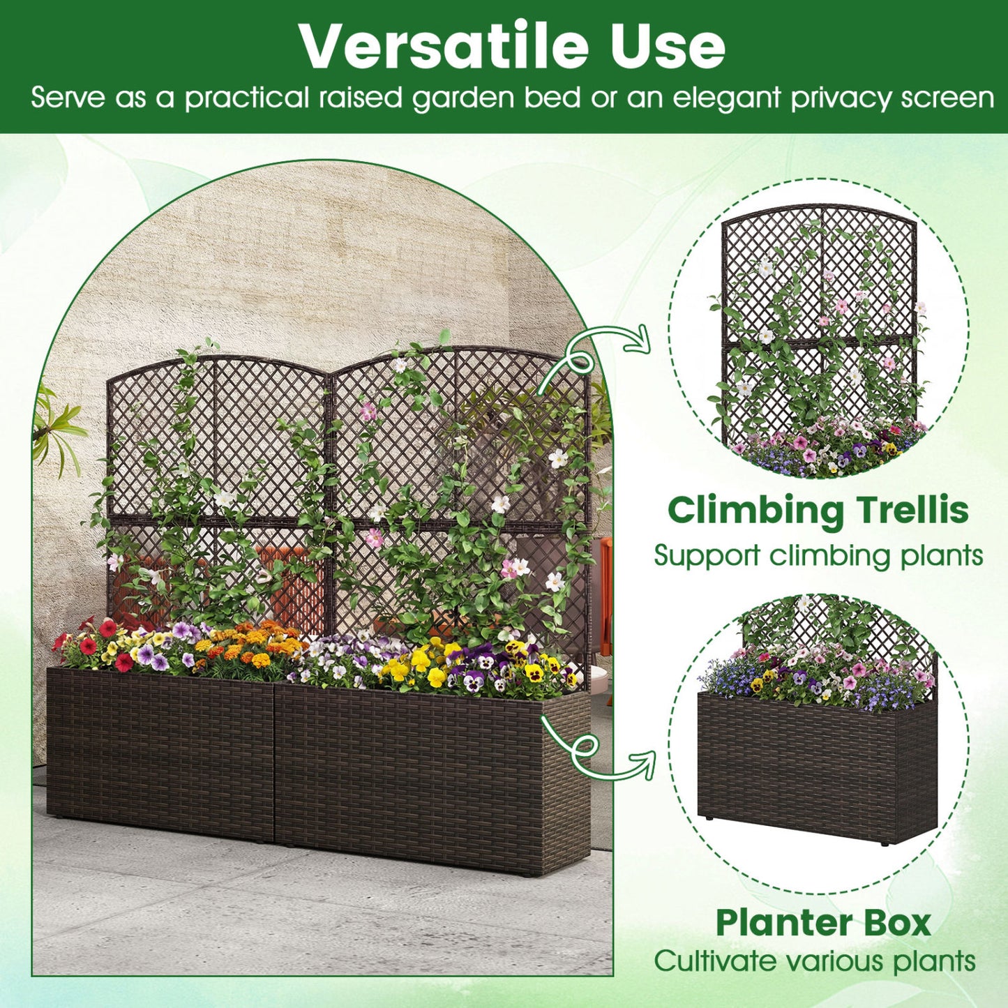 Set of 2 49 Inch Raised Garden Bed with Trellis and Wicker Planter Box-Brown