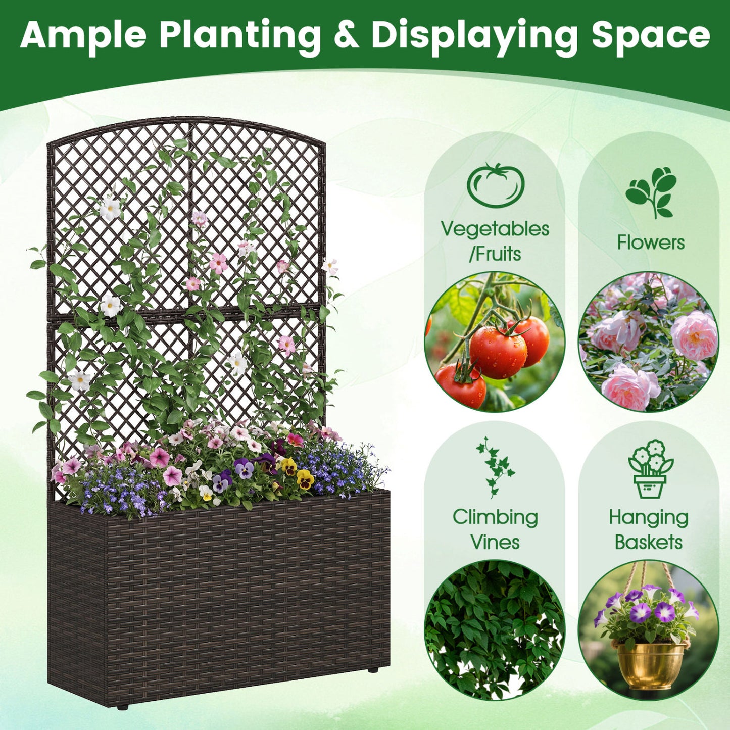 Set of 2 49 Inch Raised Garden Bed with Trellis and Wicker Planter Box-Brown