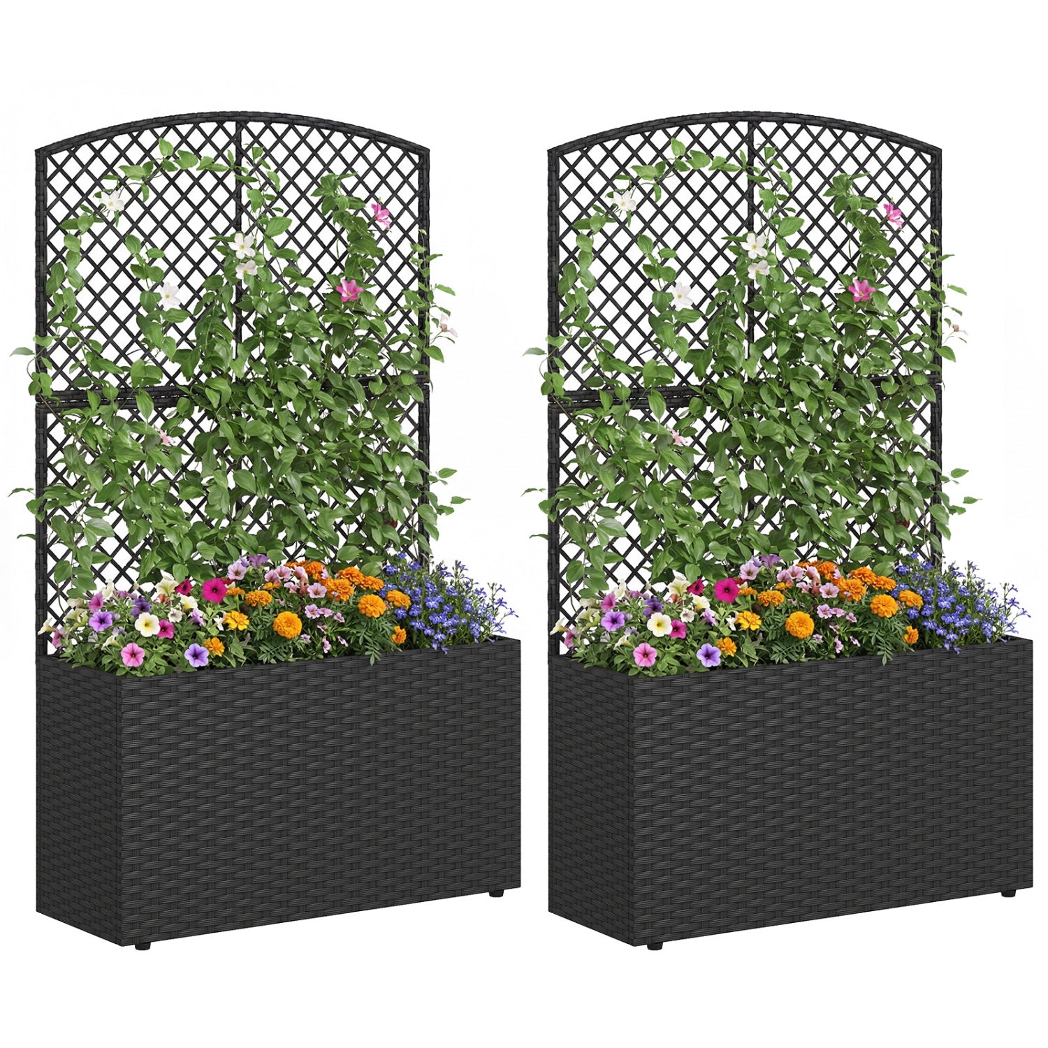 Set of 2 49 Inch Raised Garden Bed with Trellis and Wicker Planter Box-Black