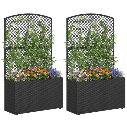 Set of 2 49 Inch Raised Garden Bed with Trellis and Wicker Planter Box-Black