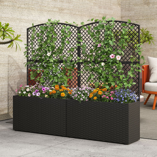 Set of 2 49 Inch Raised Garden Bed with Trellis and Wicker Planter Box-Black