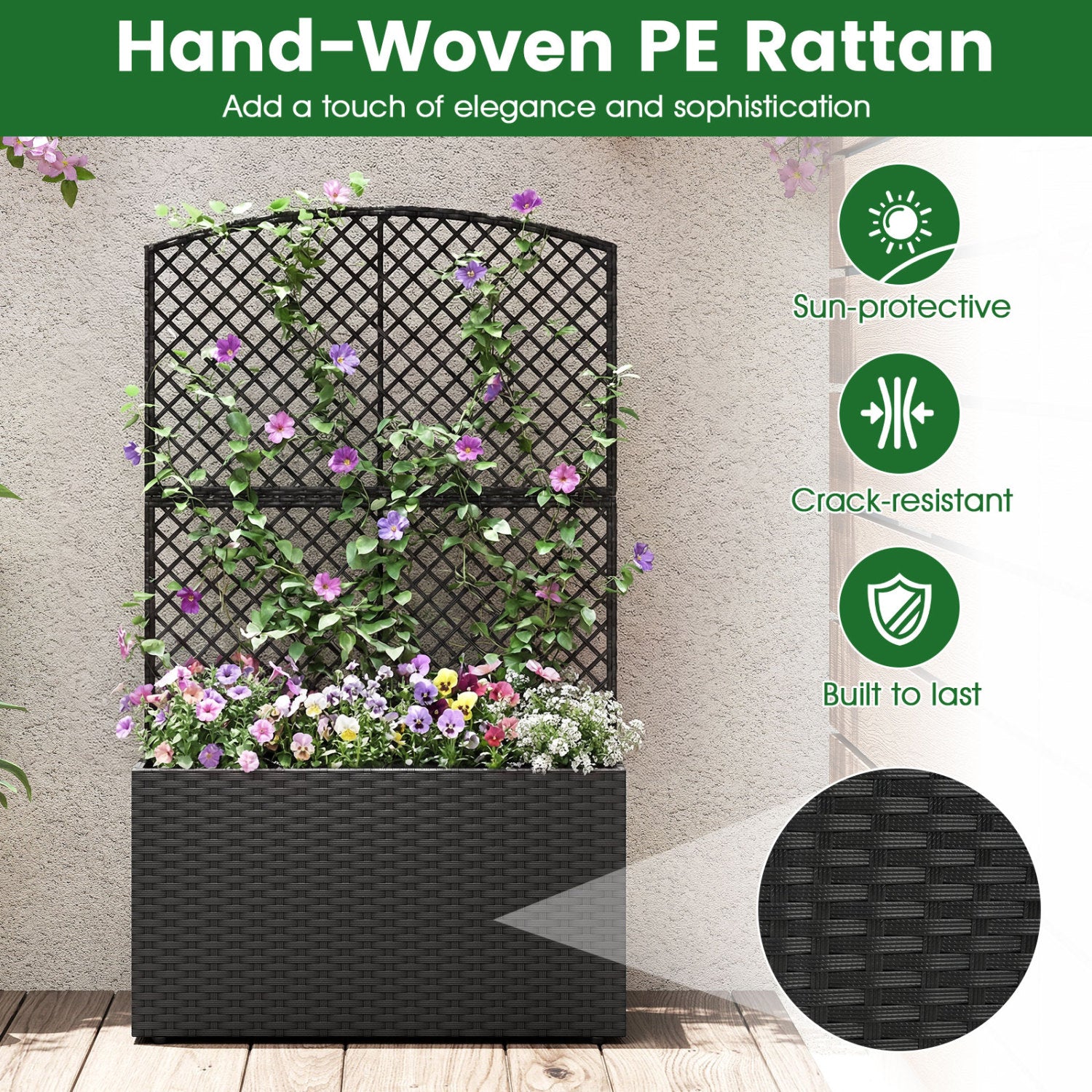 Set of 2 49 Inch Raised Garden Bed with Trellis and Wicker Planter Box-Black
