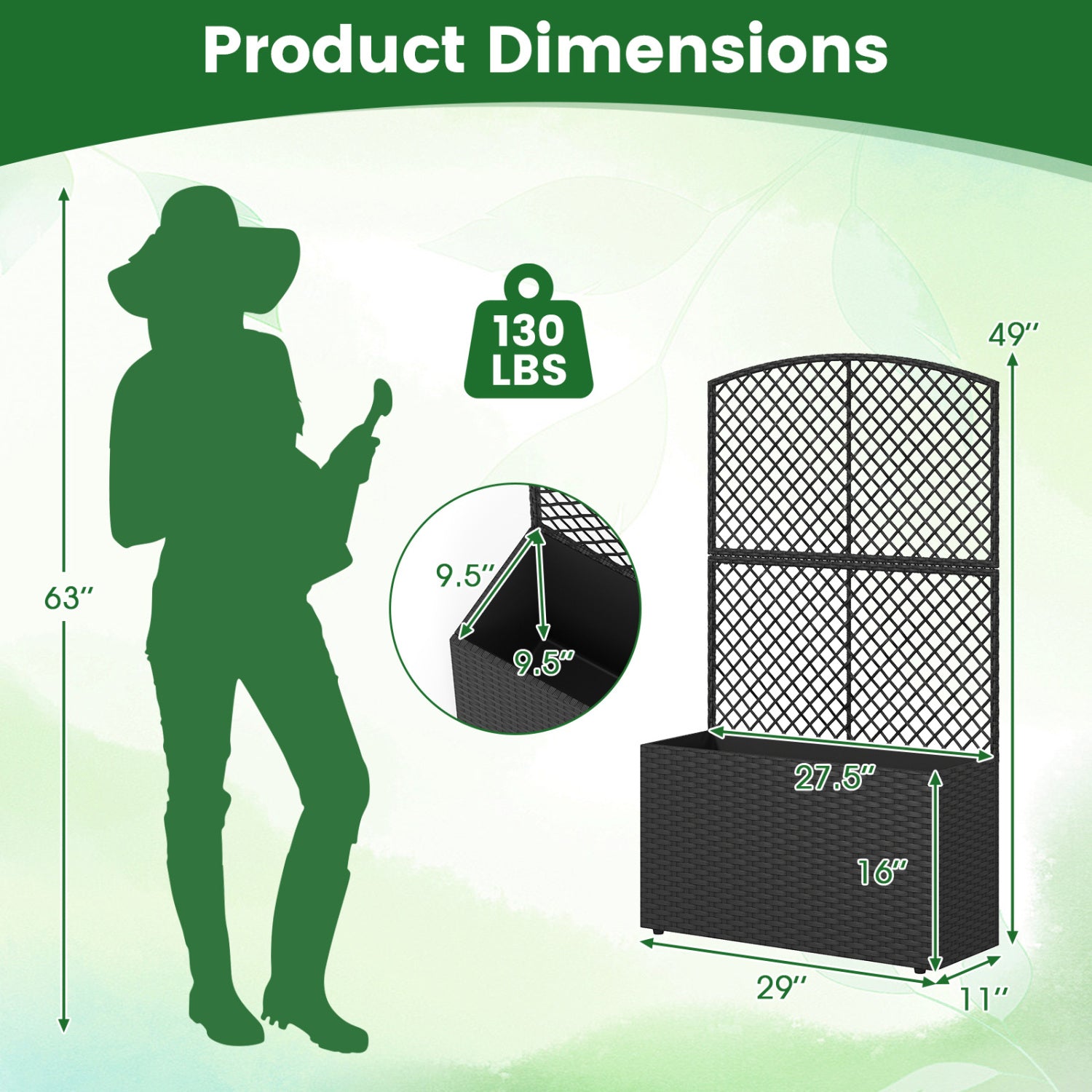 Set of 2 49 Inch Raised Garden Bed with Trellis and Wicker Planter Box-Black