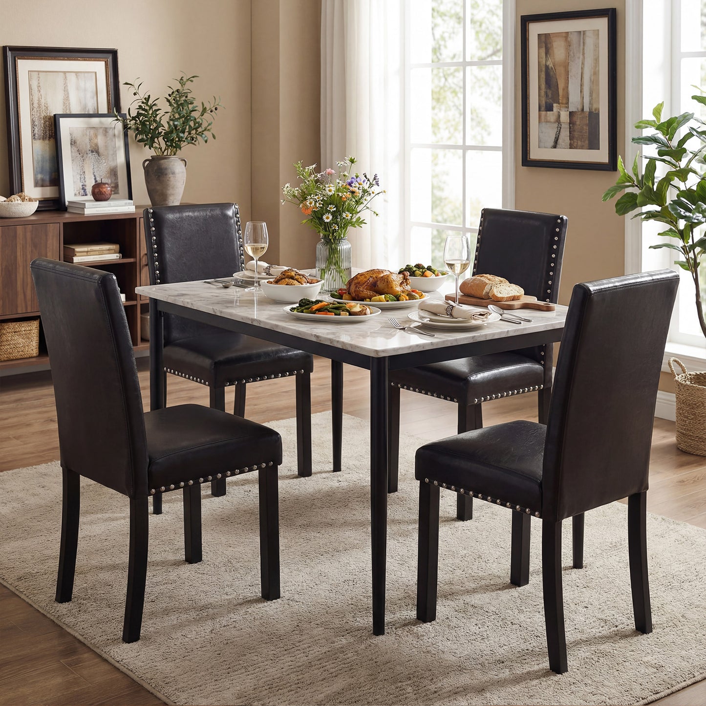 Set of 2/4 Dining Chairs Faux Leather Upholstered Parsons Kitchen Chairs-Set of 4