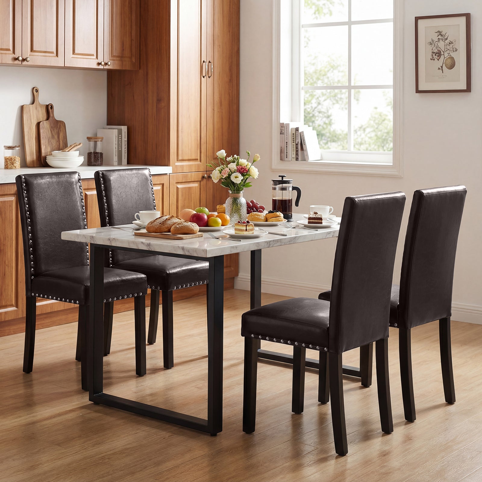 Set of 2/4 Dining Chairs Faux Leather Upholstered Parsons Kitchen Chairs-Set of 2