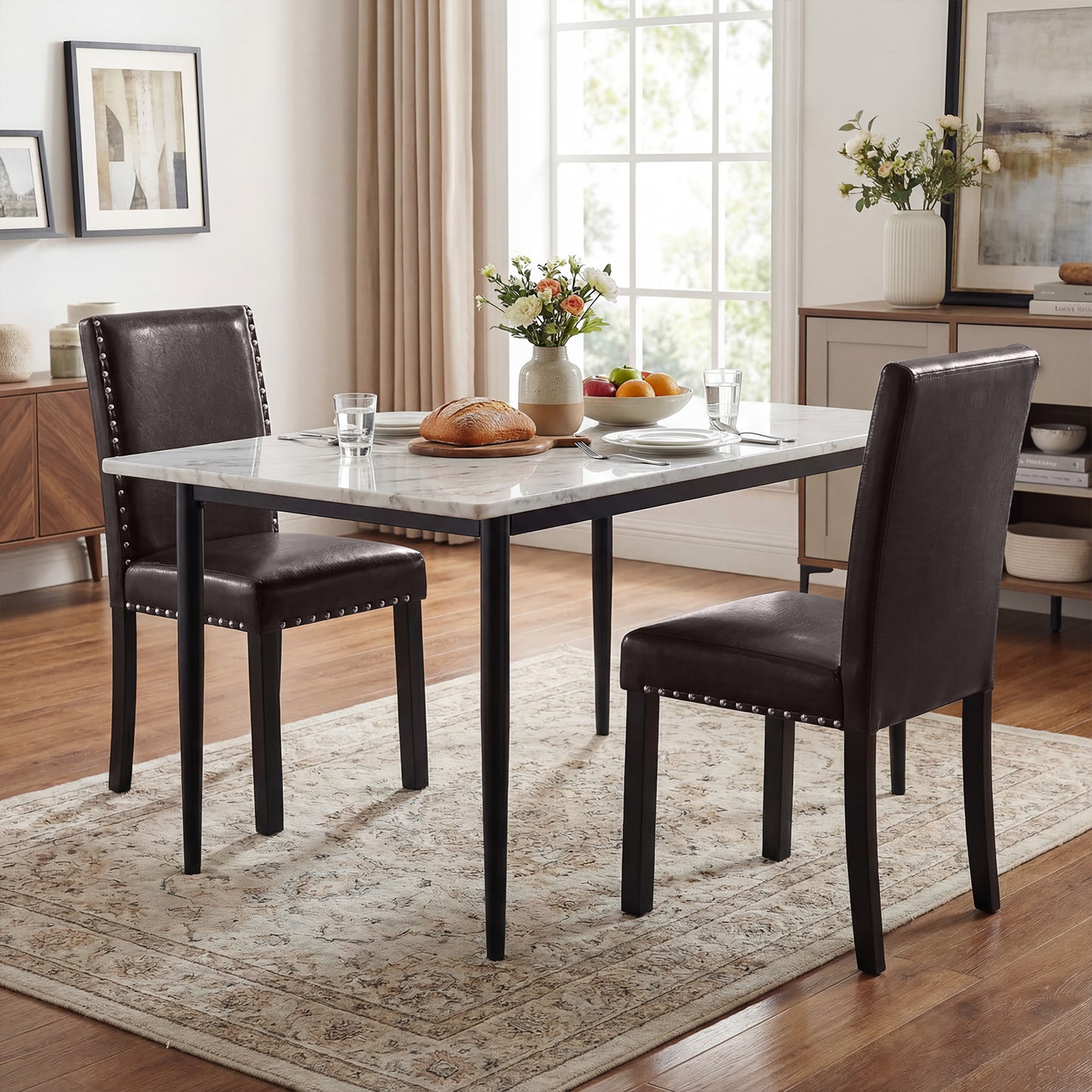 Set of 2/4 Dining Chairs Faux Leather Upholstered Parsons Kitchen Chairs-Set of 2