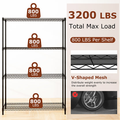 Set of 2 4-Tier Metal Storage Shelving Unit with V-Shaped Wire Rack-Black