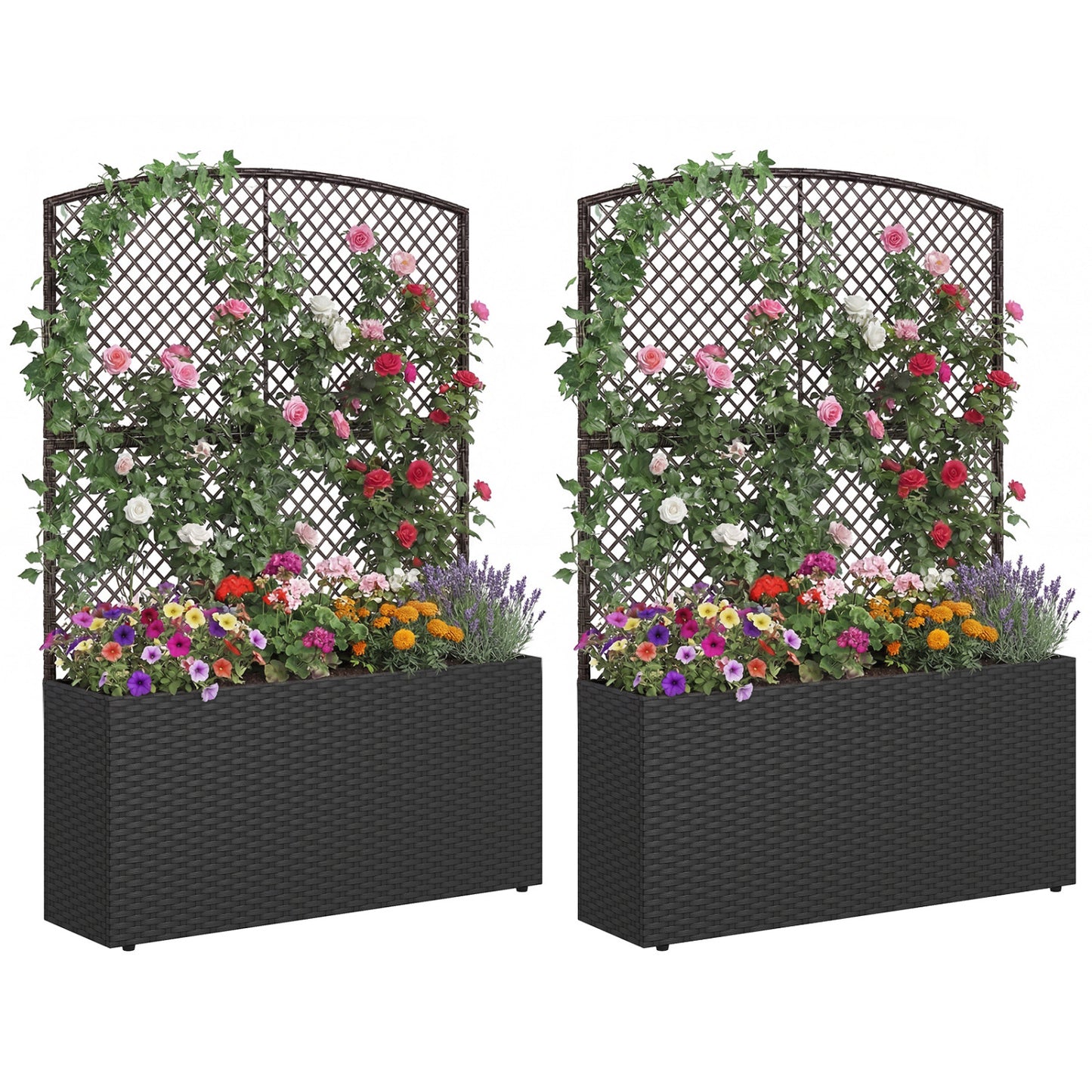 Set of 2 58 Inch Raised Garden Bed with Trellis and Wicker Planter Box-Black