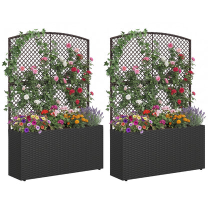Set of 2 58 Inch Raised Garden Bed with Trellis and Wicker Planter Box-Black