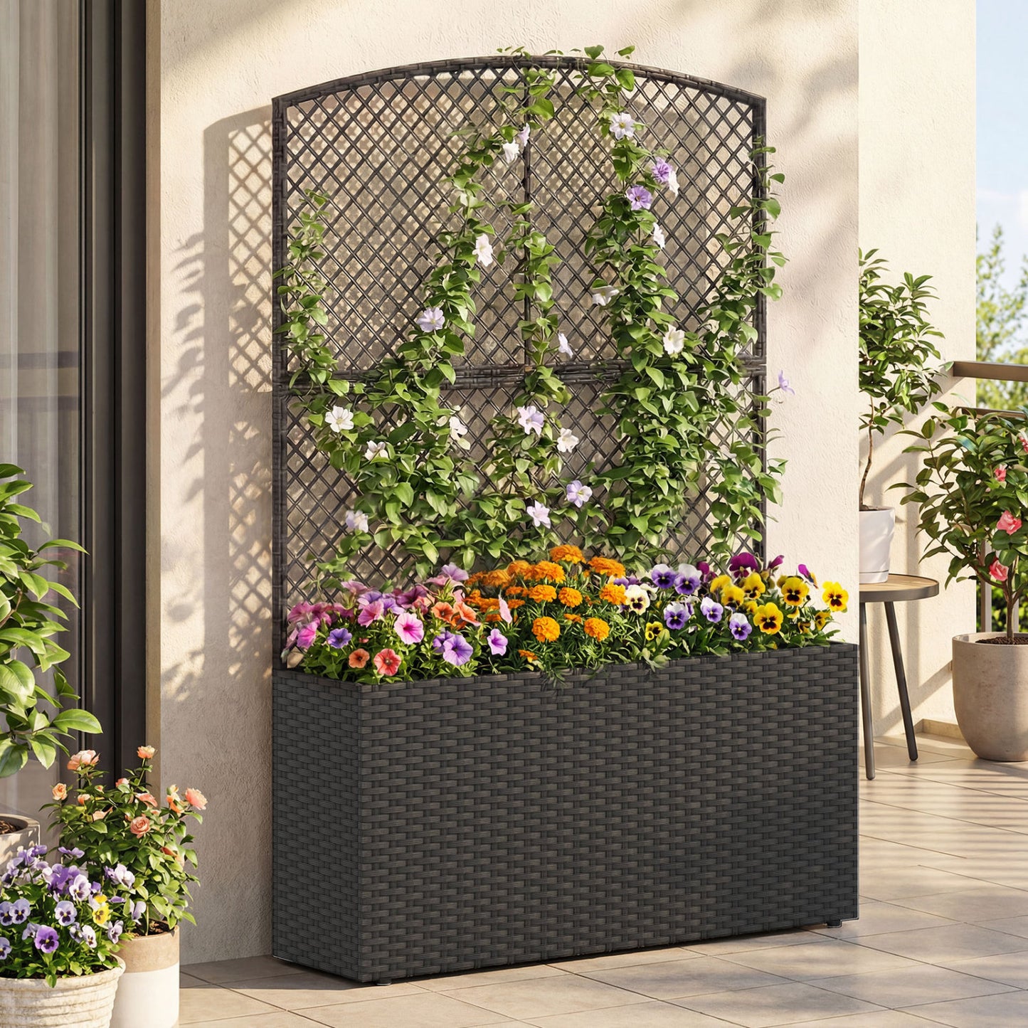 Set of 2 58 Inch Raised Garden Bed with Trellis and Wicker Planter Box-Black