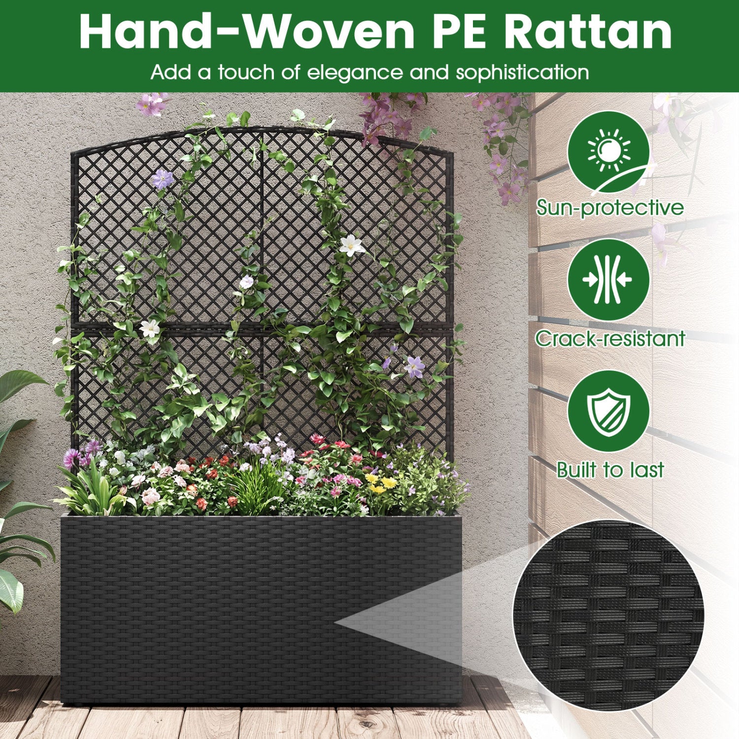 Set of 2 58 Inch Raised Garden Bed with Trellis and Wicker Planter Box-Black