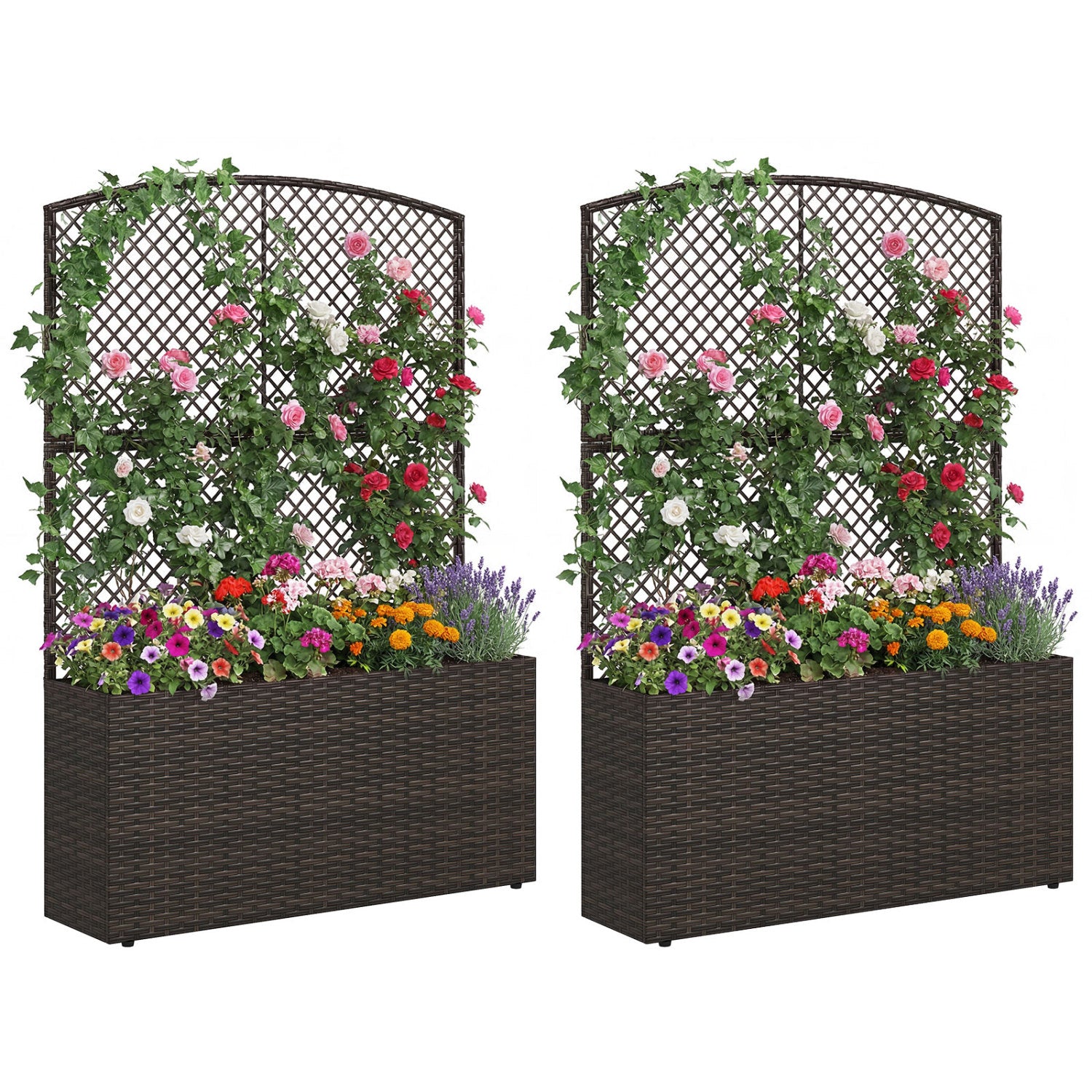 Set of 2 58 Inch Raised Garden Bed with Trellis and Wicker Planter Box-Brown