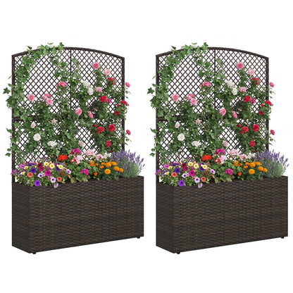 Set of 2 58 Inch Raised Garden Bed with Trellis and Wicker Planter Box-Brown
