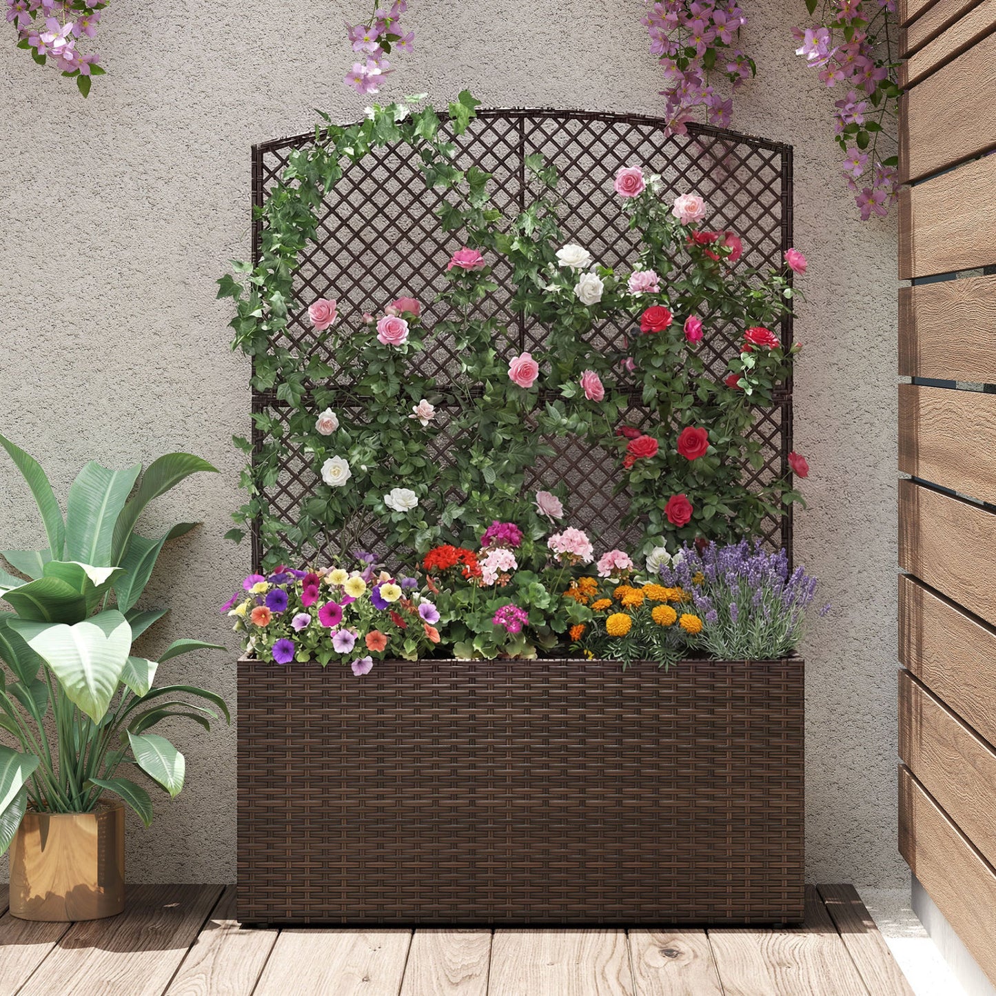 Set of 2 58 Inch Raised Garden Bed with Trellis and Wicker Planter Box-Brown