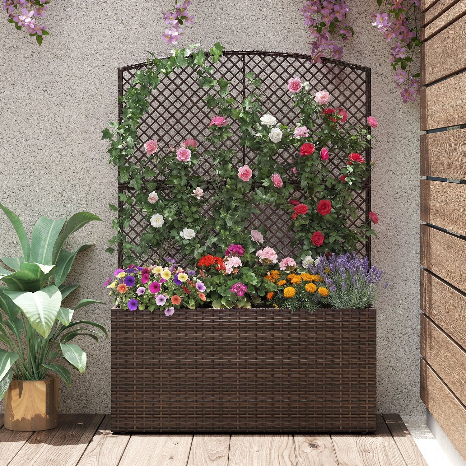 Set of 2 58 Inch Raised Garden Bed with Trellis and Wicker Planter Box-Brown