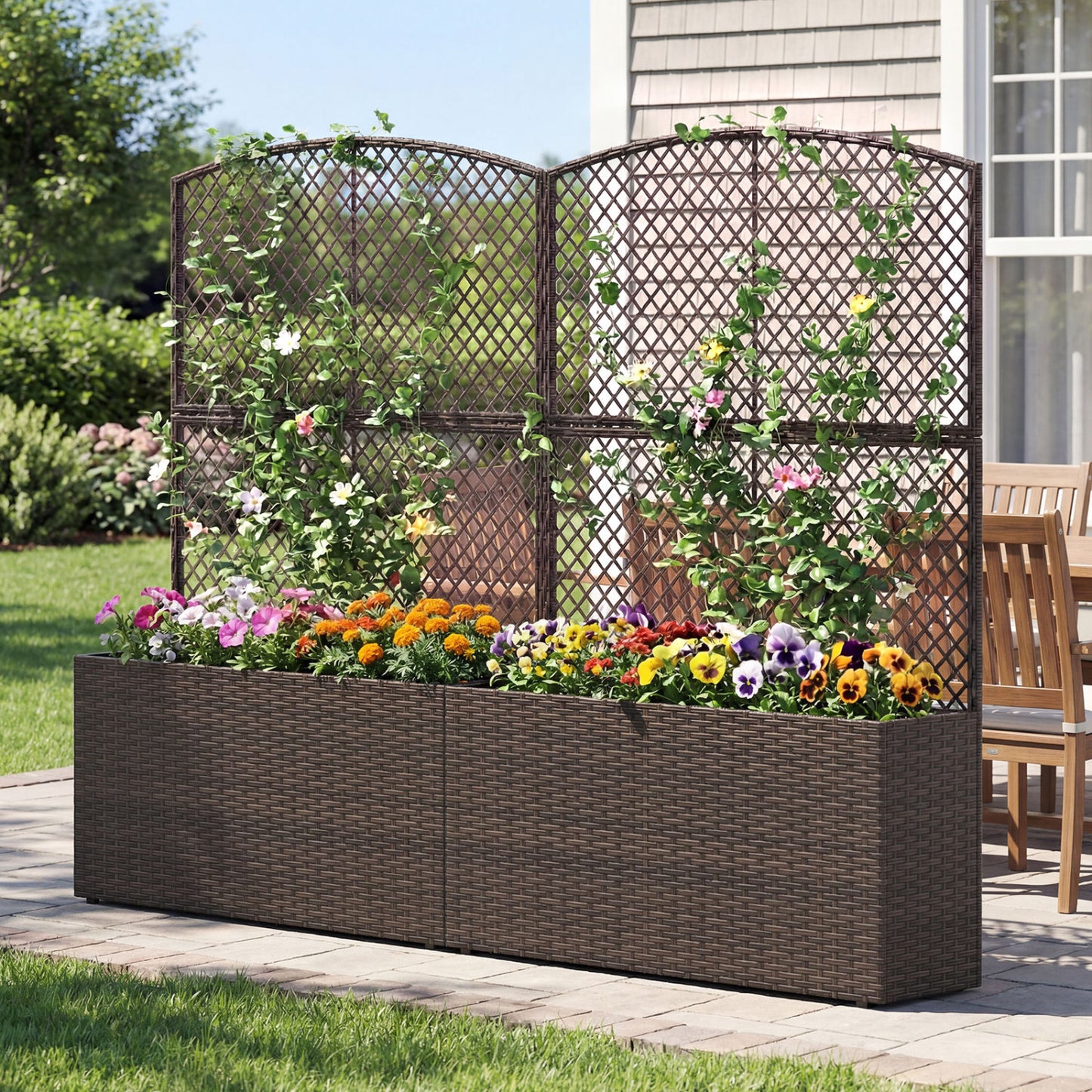 Set of 2 58 Inch Raised Garden Bed with Trellis and Wicker Planter Box-Brown