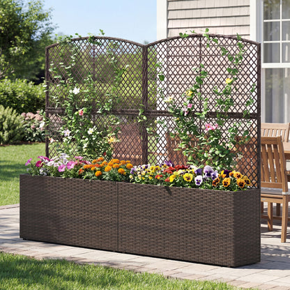 Set of 2 58 Inch Raised Garden Bed with Trellis and Wicker Planter Box-Brown