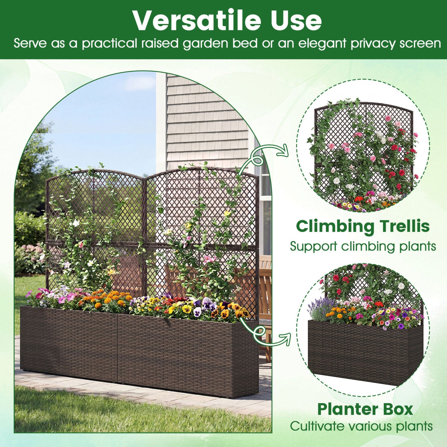 Set of 2 58 Inch Raised Garden Bed with Trellis and Wicker Planter Box-Brown