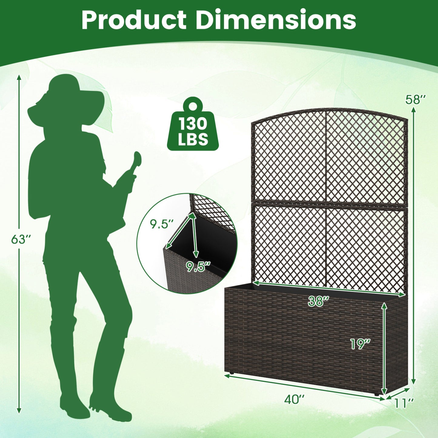 Set of 2 58 Inch Raised Garden Bed with Trellis and Wicker Planter Box-Brown