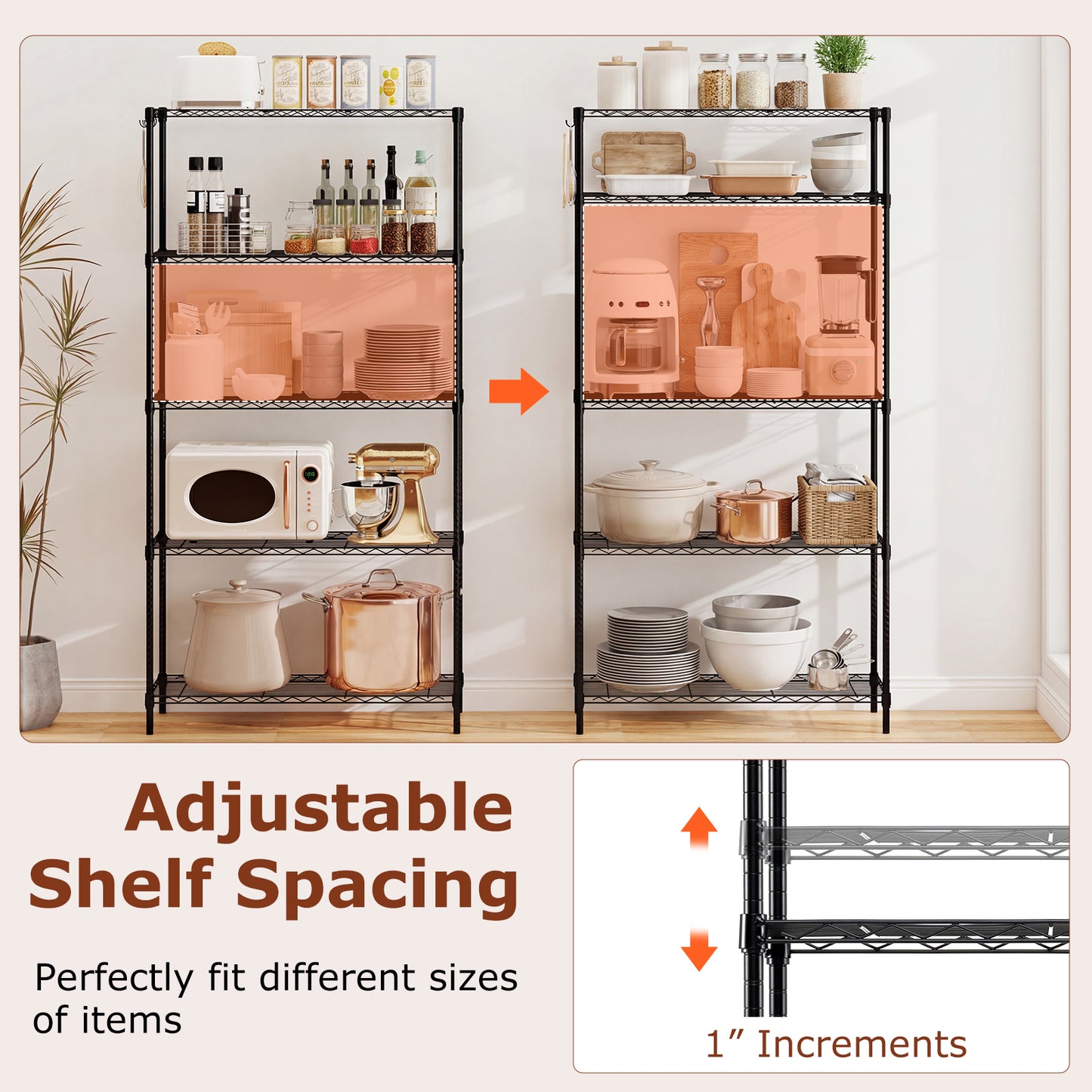 Set of 2 5-Tier Metal Storage Shelving Unit with V-Shaped Wire Rack and 1250 LBS Capacity-Black