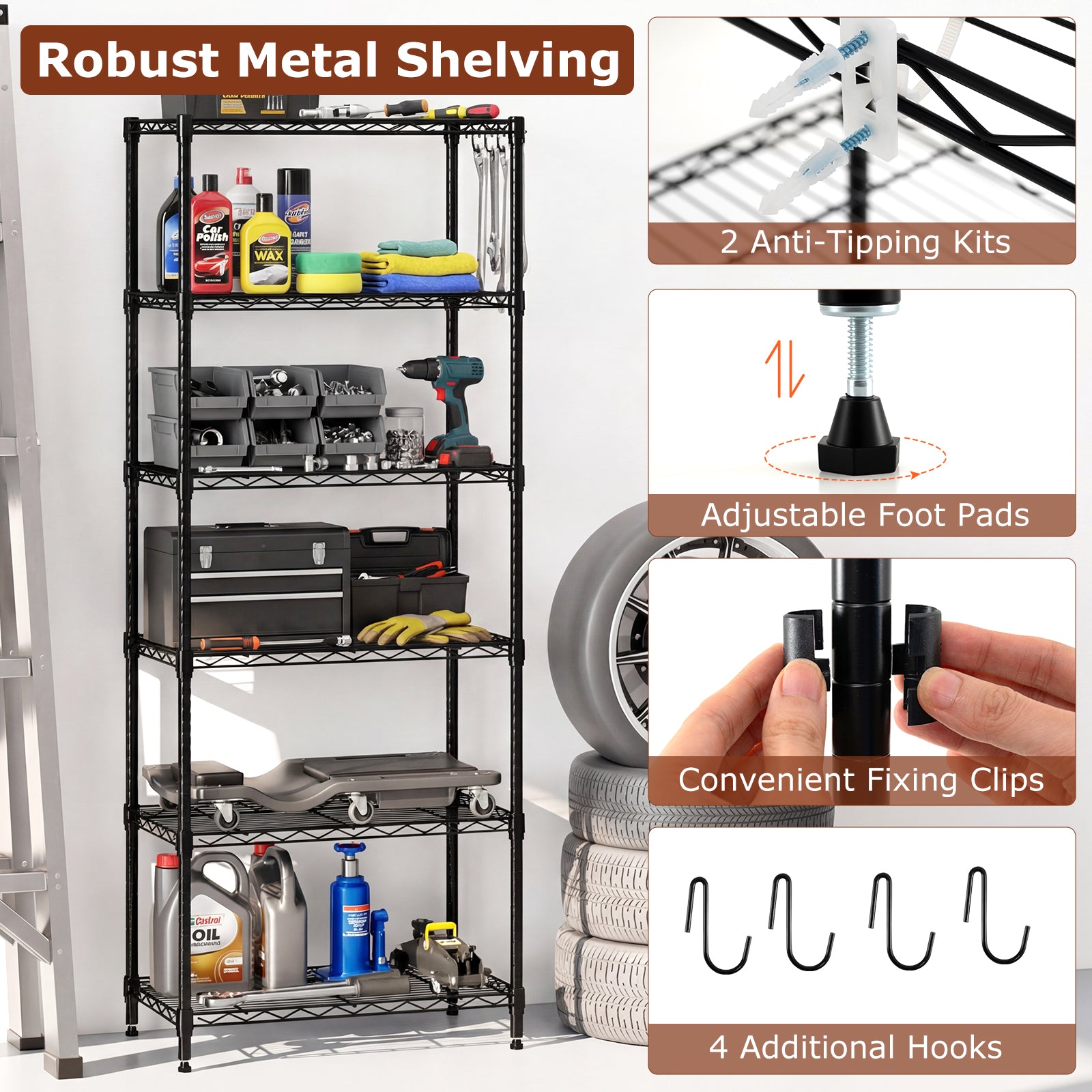 Set of 2 6-Tier Metal Storage Shelving Unit with V-Shaped Wire Rack and 900 LBS Capacity-Black
