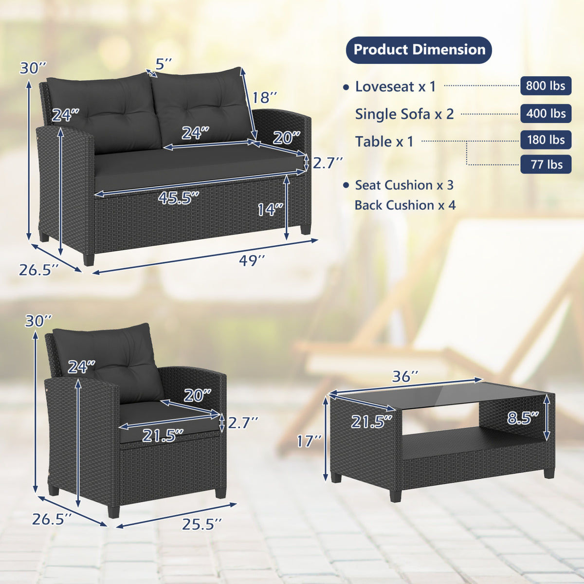 8-Piece Patio Conversation Set with Glass Coffee Table