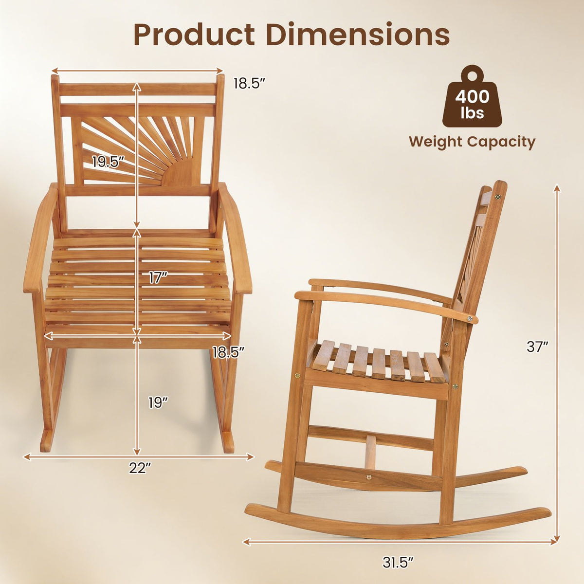Set of 2 Acacia Wood Patio Rocking Chair with Curved Armrests