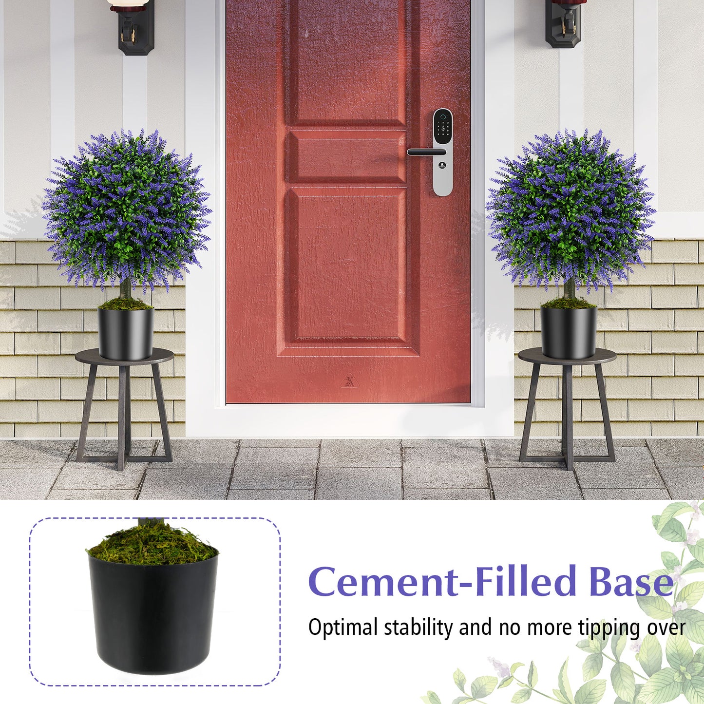 23 Inch Set of 2 Artificial Lavender Topiary Ball Trees with Cement-Filled Pot-Purple