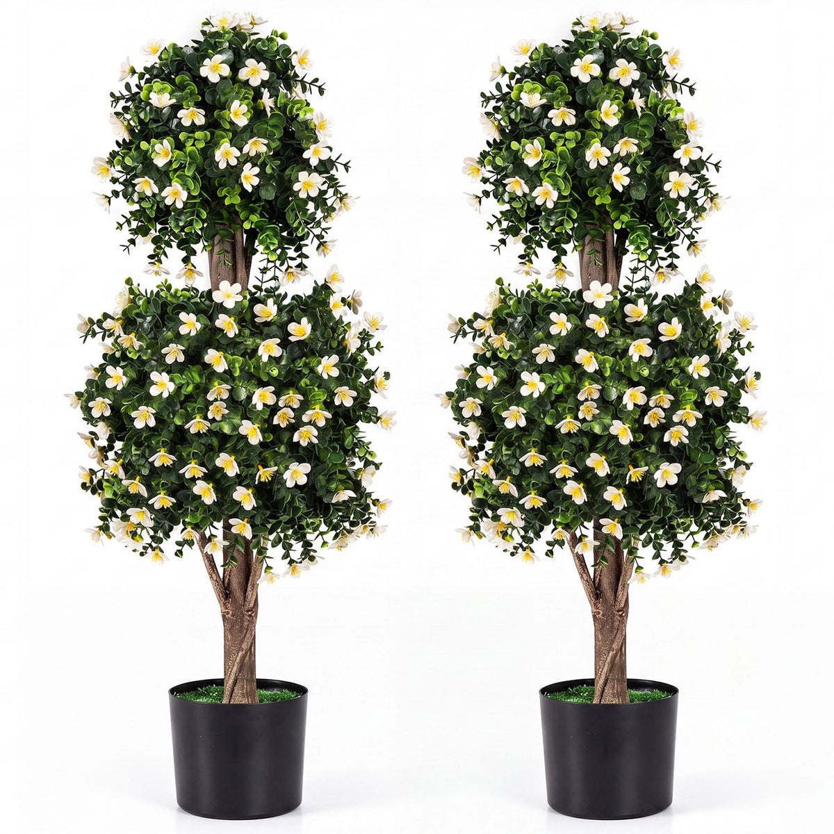 Set of 2 Artificial Topiary Trees Realistic Evergreen Plant with 2 Topiary Balls