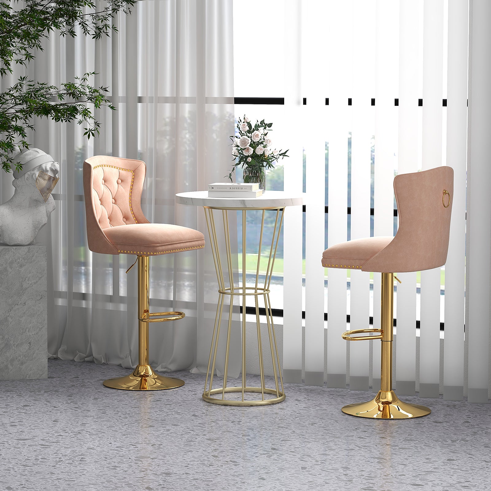 Set of 2 Bar Chairs with Footrest Electroplated Metal Base and Anti-Slip Ring-Pink