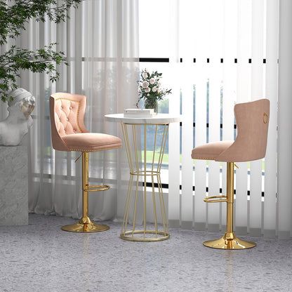 Set of 2 Bar Chairs with Footrest Electroplated Metal Base and Anti-Slip Ring-Pink