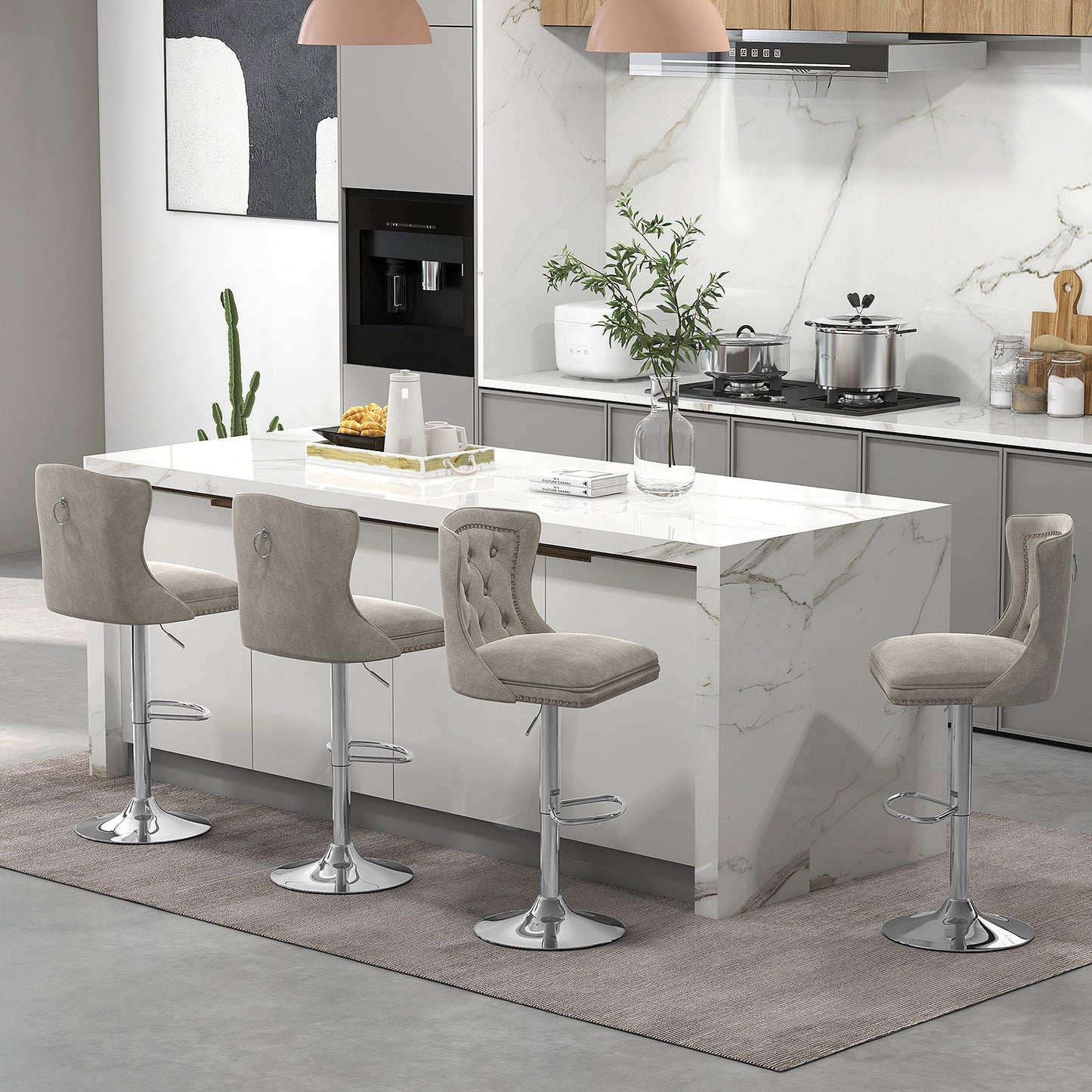 Set of 2 Bar Chairs with Footrest Electroplated Metal Base and Anti-Slip Ring-Gray