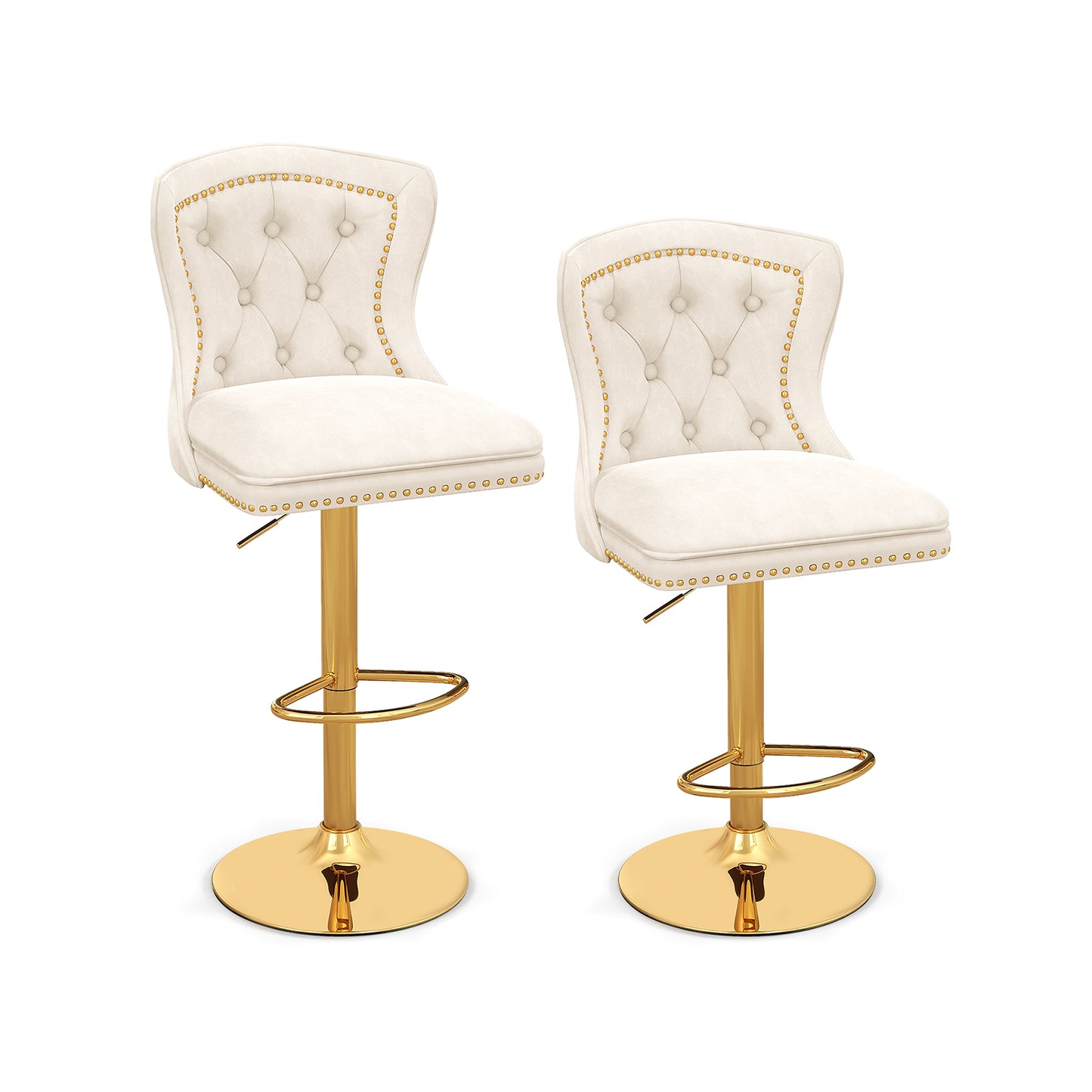Set of 2 Bar Chairs with Footrest Electroplated Metal Base and Anti-Slip Ring-Beige