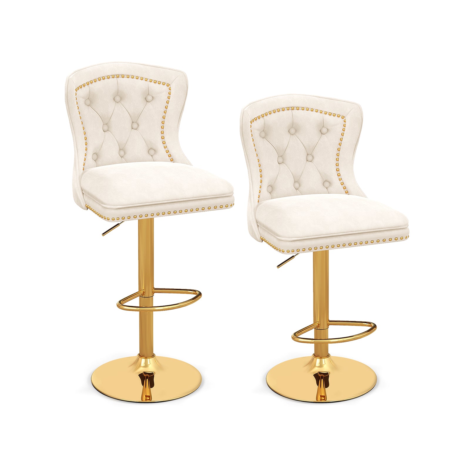 Set of 2 Bar Chairs with Footrest Electroplated Metal Base and Anti-Slip Ring-Beige