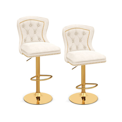 Set of 2 Bar Chairs with Footrest Electroplated Metal Base and Anti-Slip Ring-Beige