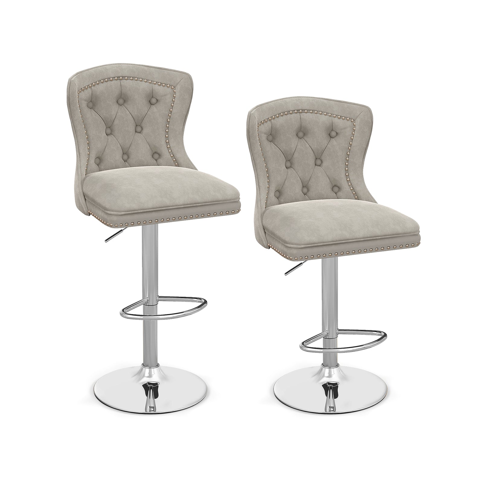 Set of 2 Bar Chairs with Footrest Electroplated Metal Base and Anti-Slip Ring-Gray
