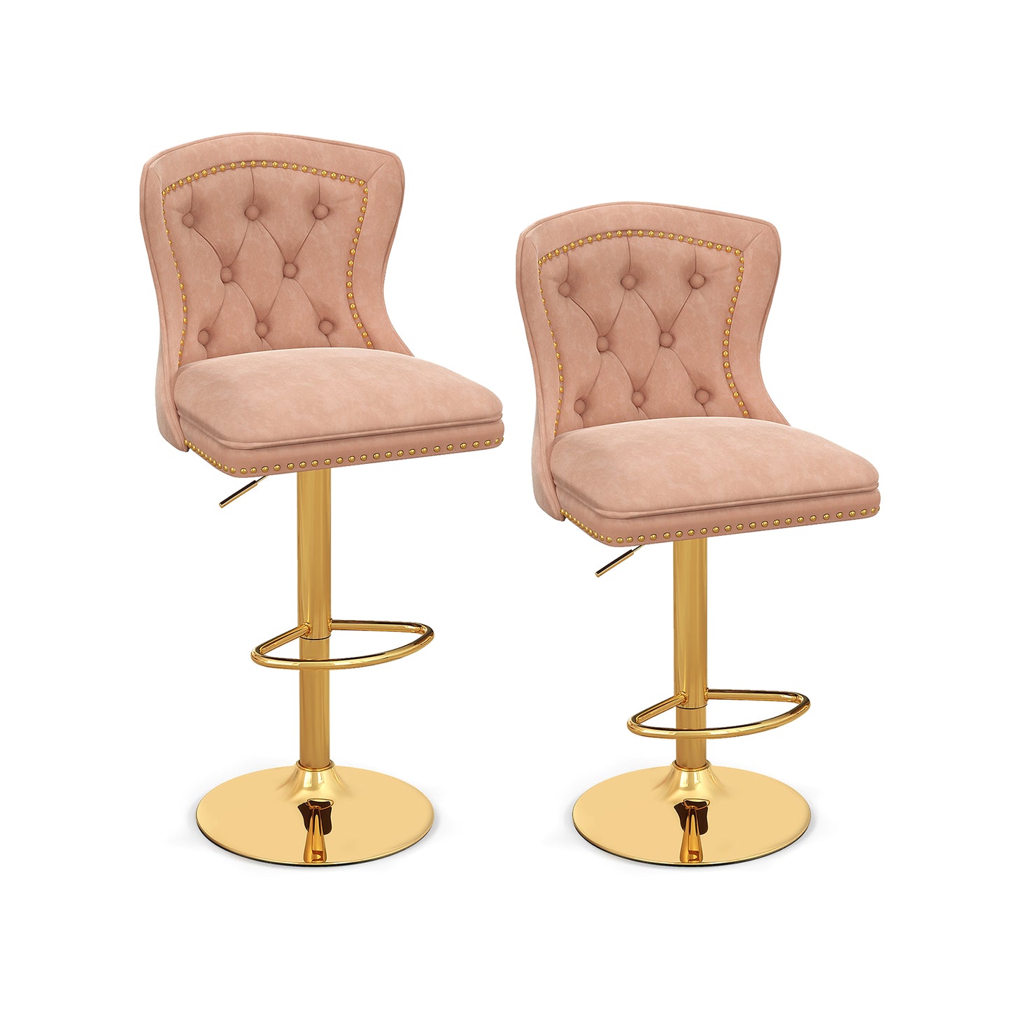 Set of 2 Bar Chairs with Footrest Electroplated Metal Base and Anti-Slip Ring-Pink