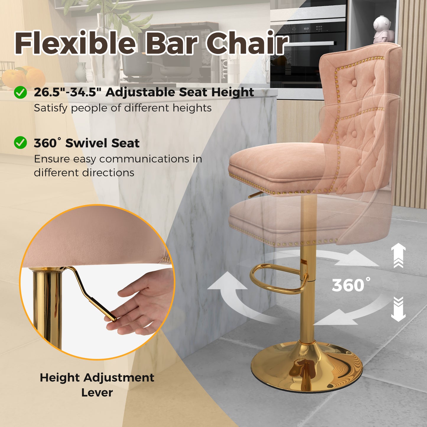 Set of 2 Bar Chairs with Footrest Electroplated Metal Base and Anti-Slip Ring-Pink